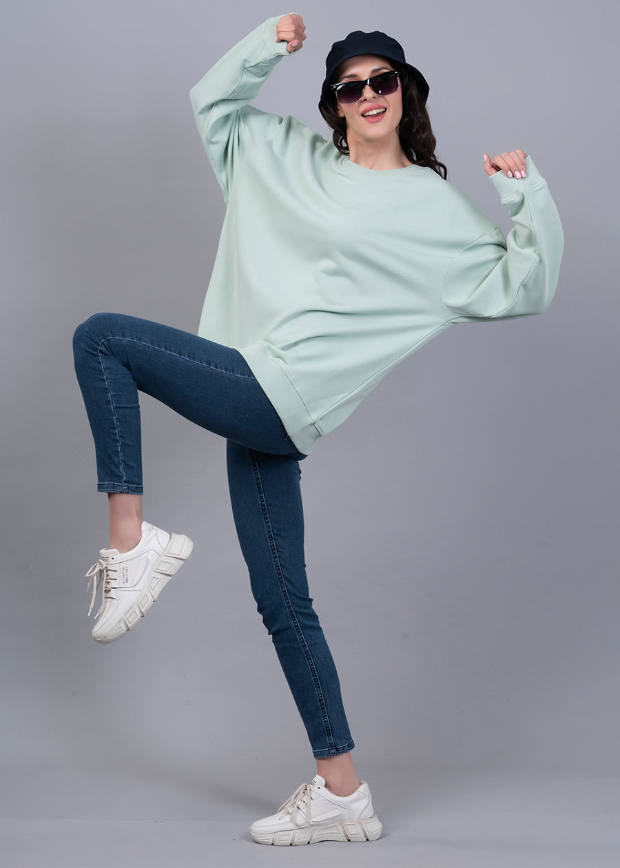 Solid Mint Green Women Drop Shoulder Terry Sweatshirt | Pronk