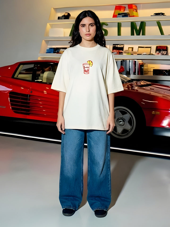 GOOD VIBES Women Oversized Terry Graphic T-Shirt