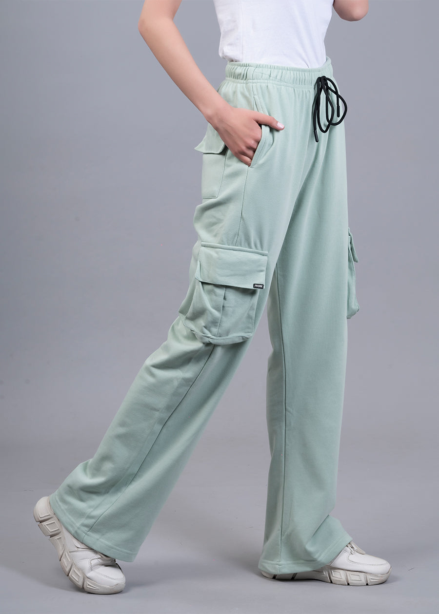 Women Premium Terry Cargo Pants - Mint Green