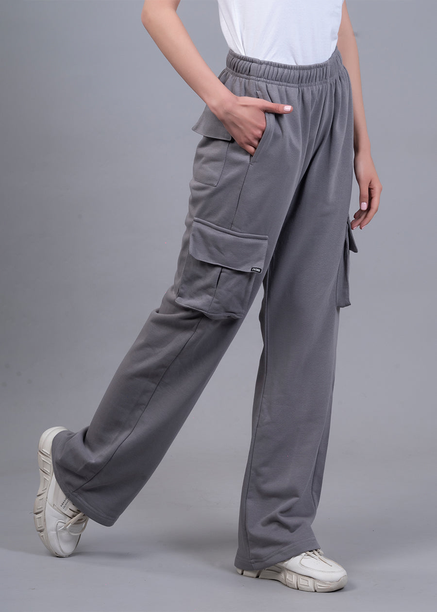 Women Premium Terry Cargo Pants - Ash Grey