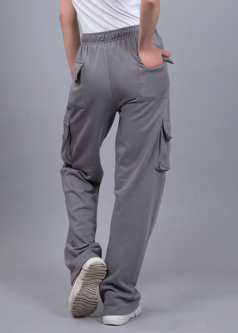 Women Premium Terry Cargo Pants - Ash Grey