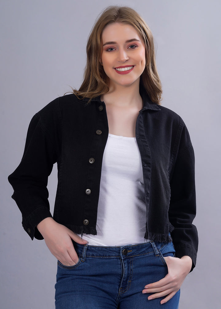 Cropped Black Denim Jacket For Womens | Pronk