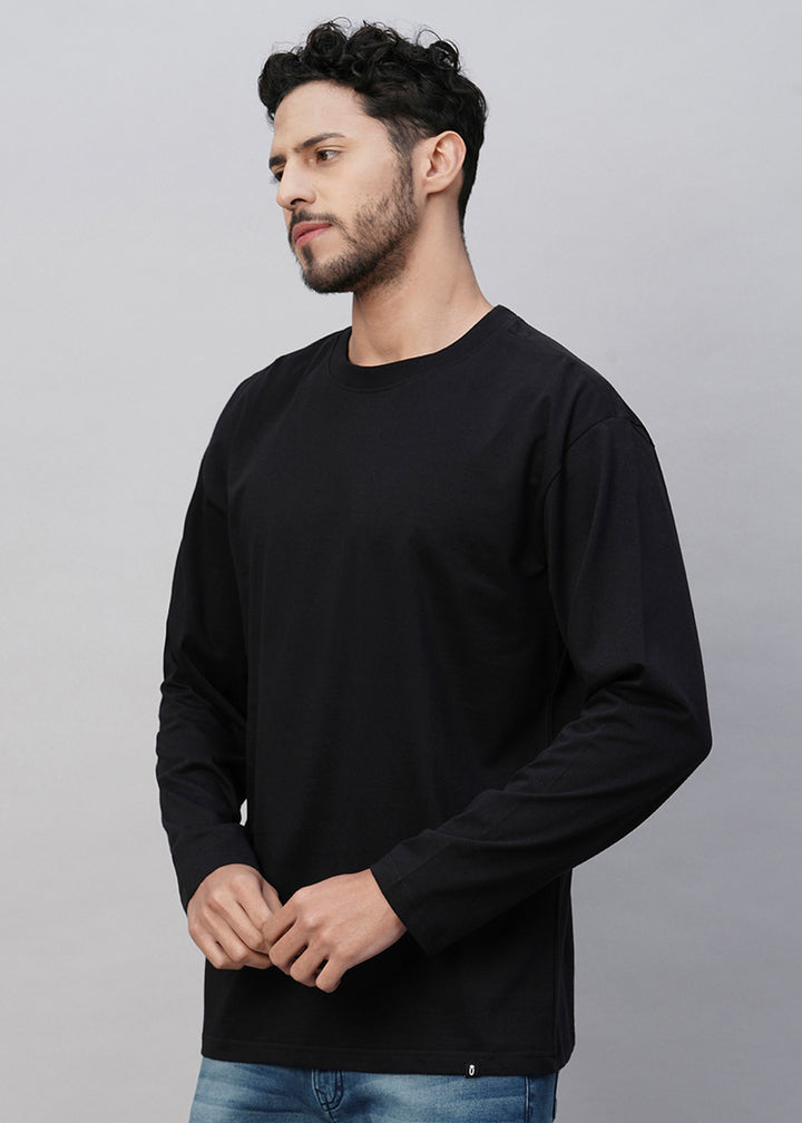 Solid Men Oversized Full Sleeve T-Shirt - Black