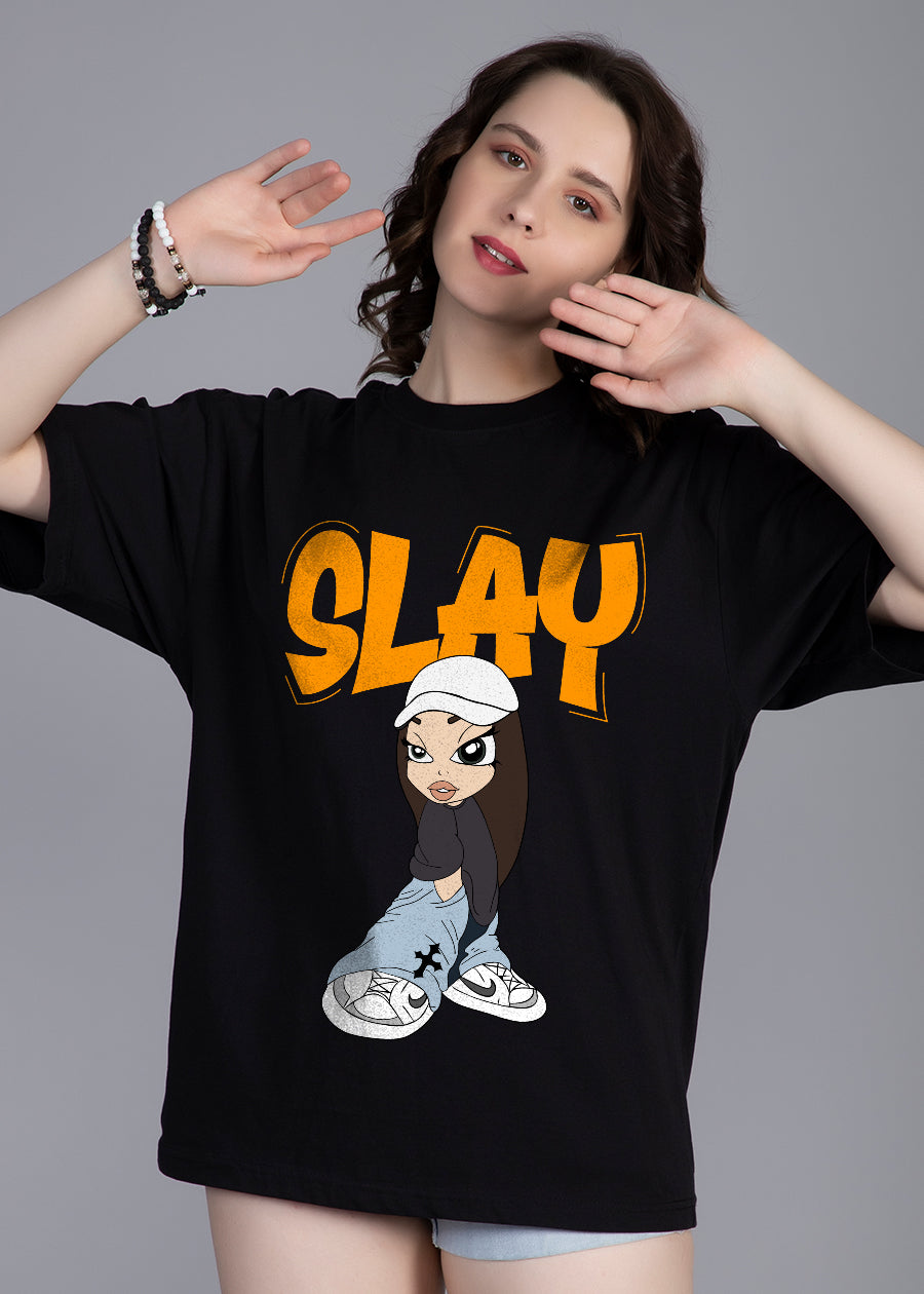 Slay Printed Black Oversized T-shirt Women | Pronk