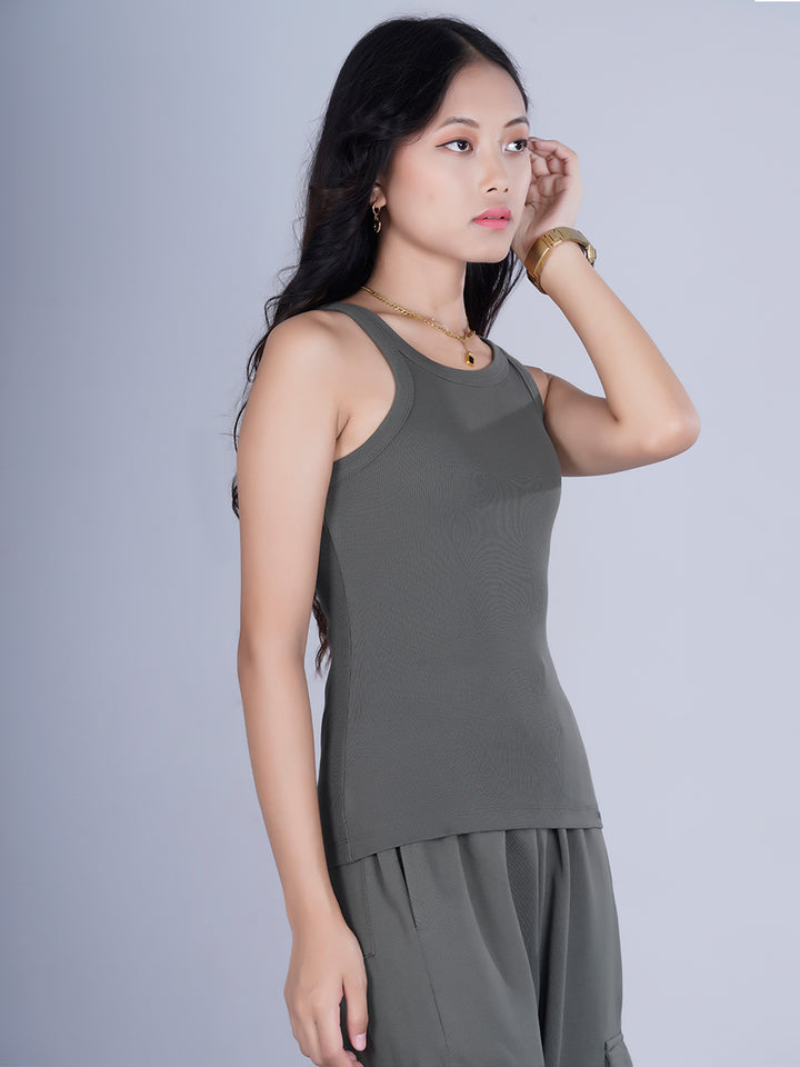 Pronk Ribbed Sleeveless Tank - Olive Green