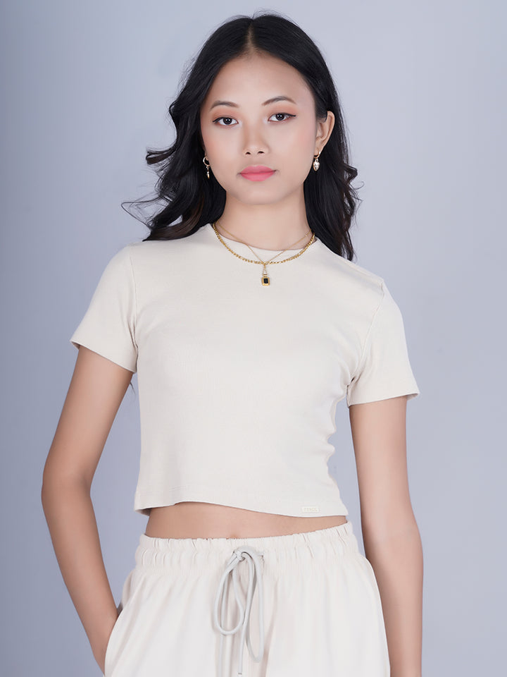 Pronk Ribbed Half Sleeve Crop Top - Off White