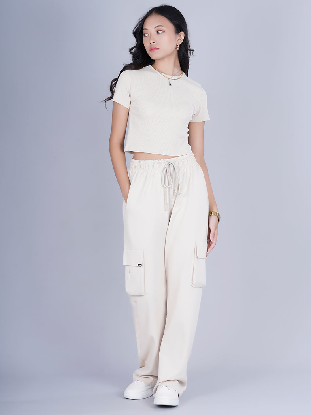 Pronk Ribbed Half Sleeve Crop Top - Off White