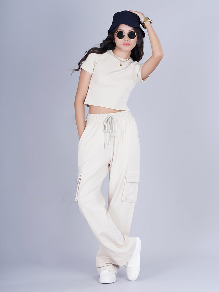 Pronk Ribbed Half Sleeve Crop Top - Off White