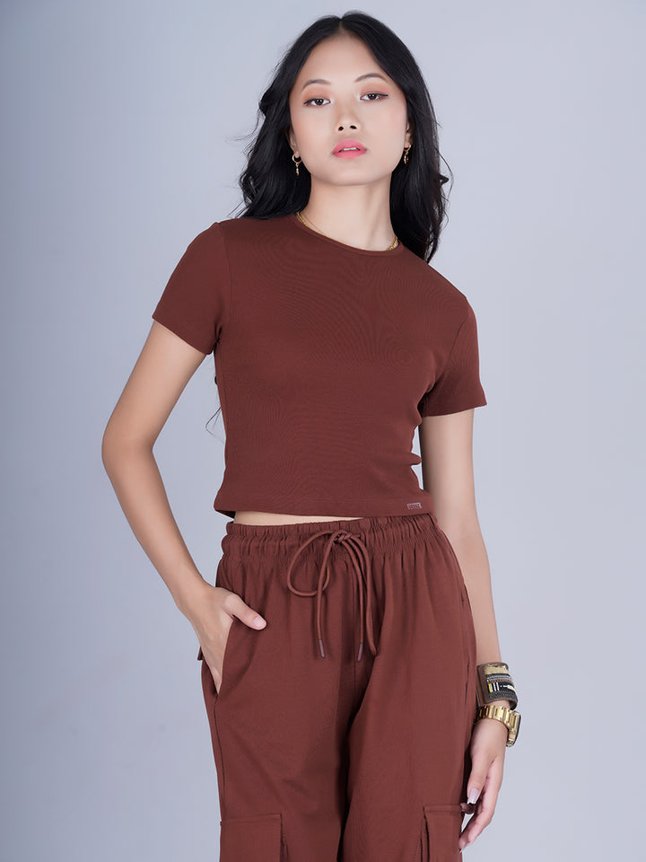 Pronk Ribbed Half Sleeve Crop Top - Cocoa