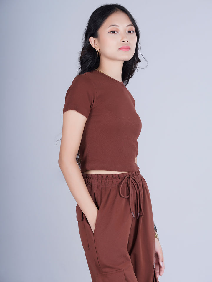 Pronk Ribbed Half Sleeve Crop Top - Cocoa