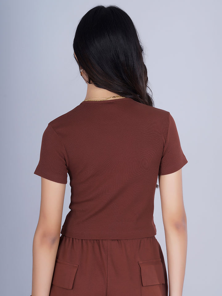 Pronk Ribbed Half Sleeve Crop Top - Cocoa