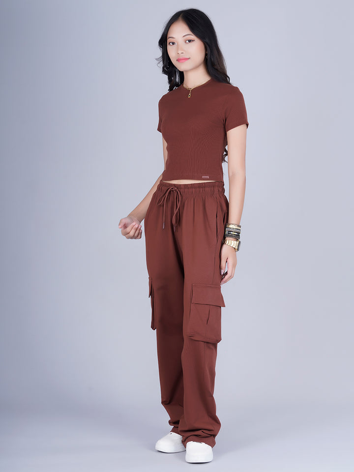 Pronk Ribbed Half Sleeve Crop Top - Cocoa