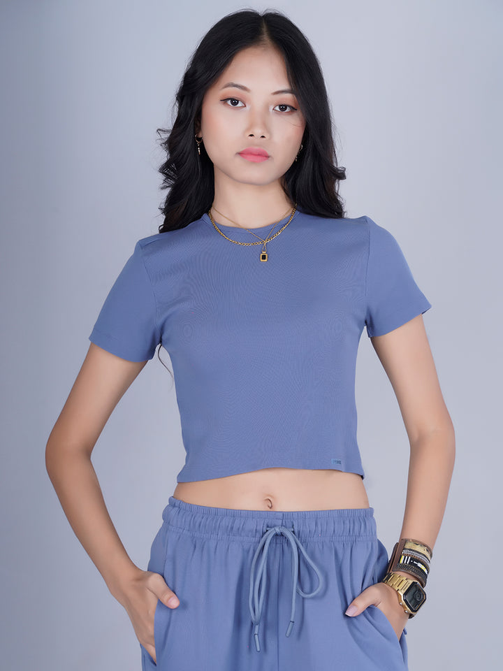 Pronk Ribbed Half Sleeve Crop Top - Denim Blue