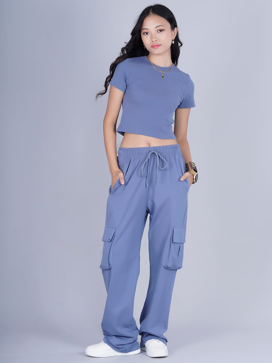 Pronk Ribbed Half Sleeve Crop Top - Denim Blue