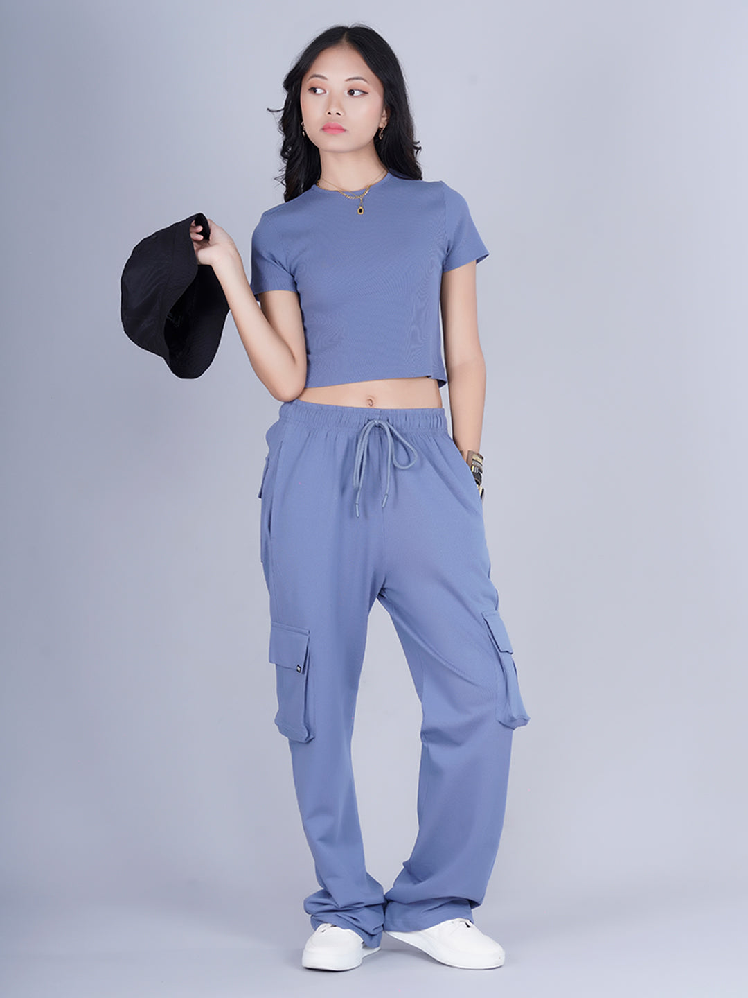 Pronk Ribbed Half Sleeve Crop Top - Denim Blue