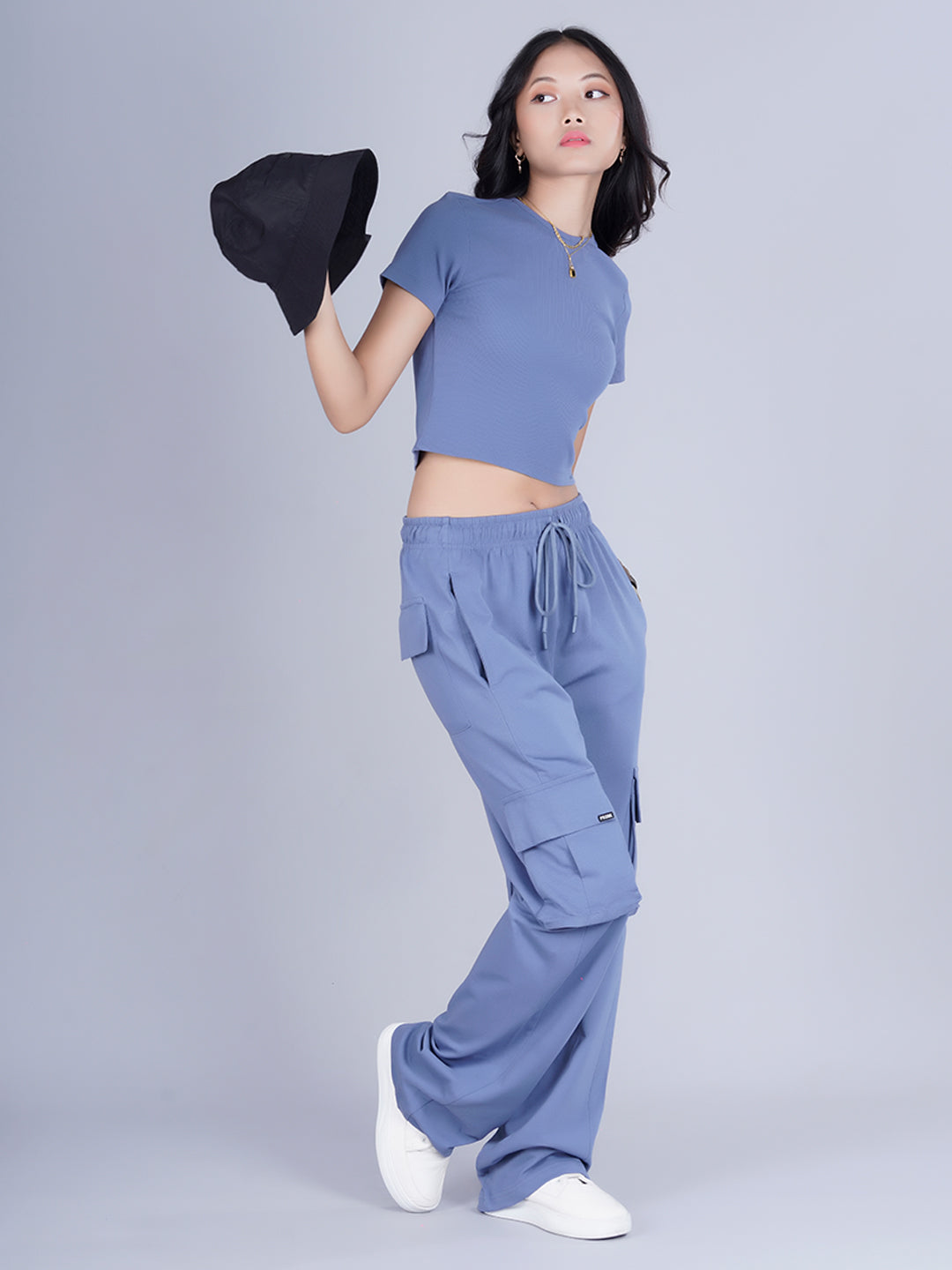 Pronk Ribbed Half Sleeve Crop Top - Denim Blue