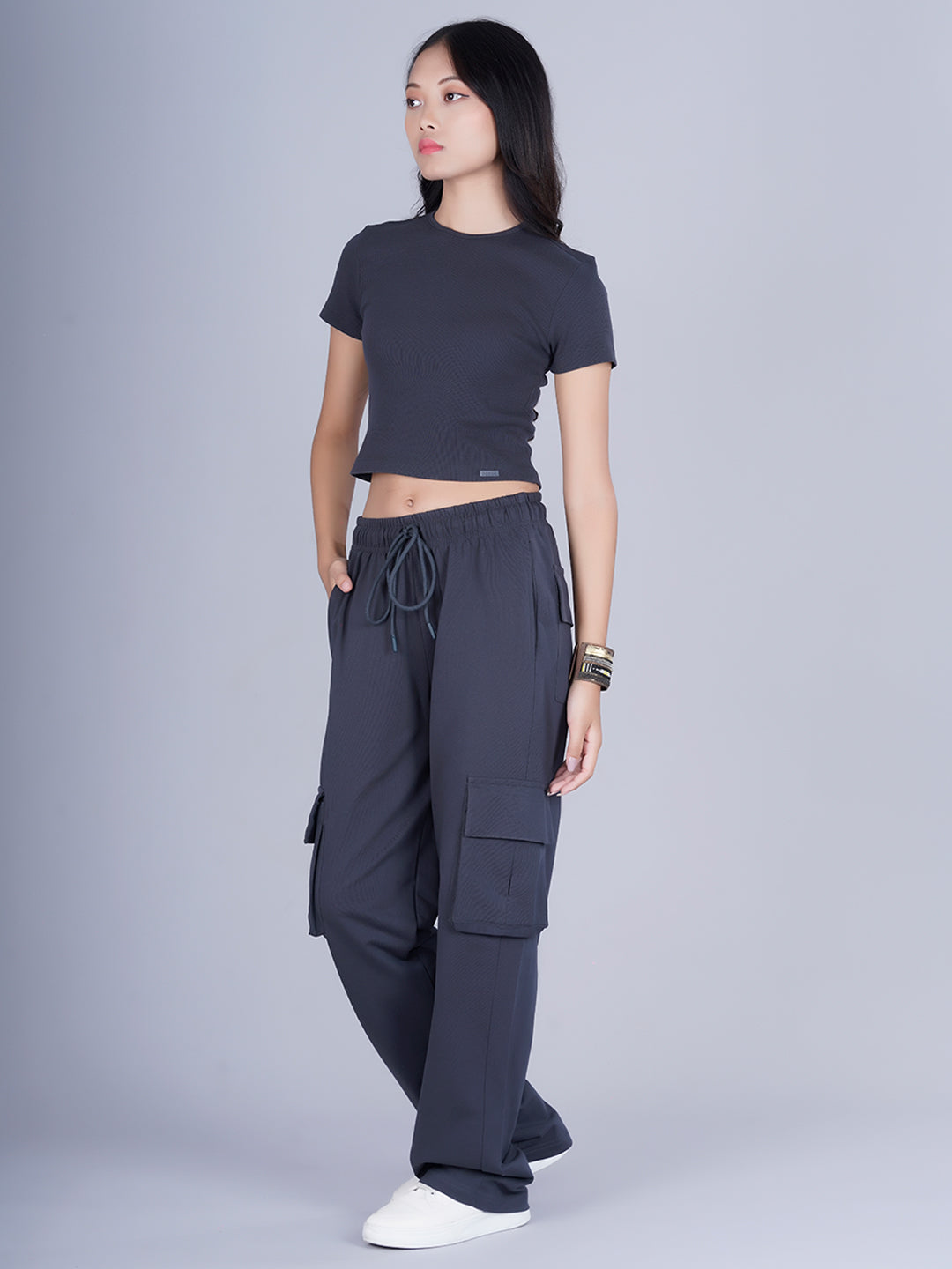 Pronk Ribbed Half Sleeve Crop Top - Dark Grey