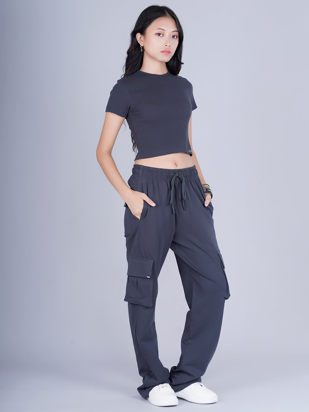 Pronk Ribbed Half Sleeve Crop Top - Dark Grey