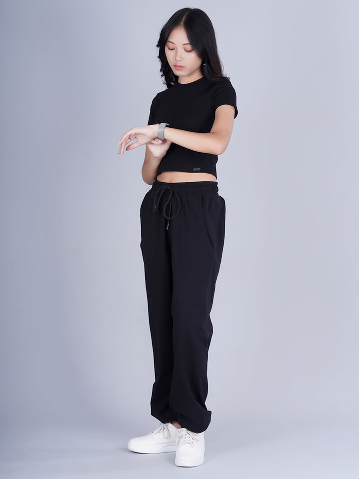 Pronk Ribbed Half Sleeve Crop Top - Black