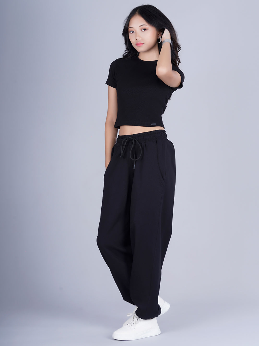 Pronk Ribbed Half Sleeve Crop Top - Black