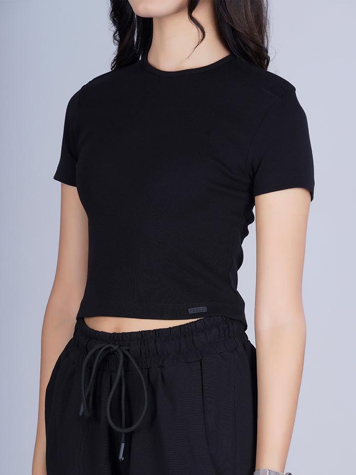 Pronk Ribbed Half Sleeve Crop Top - Black