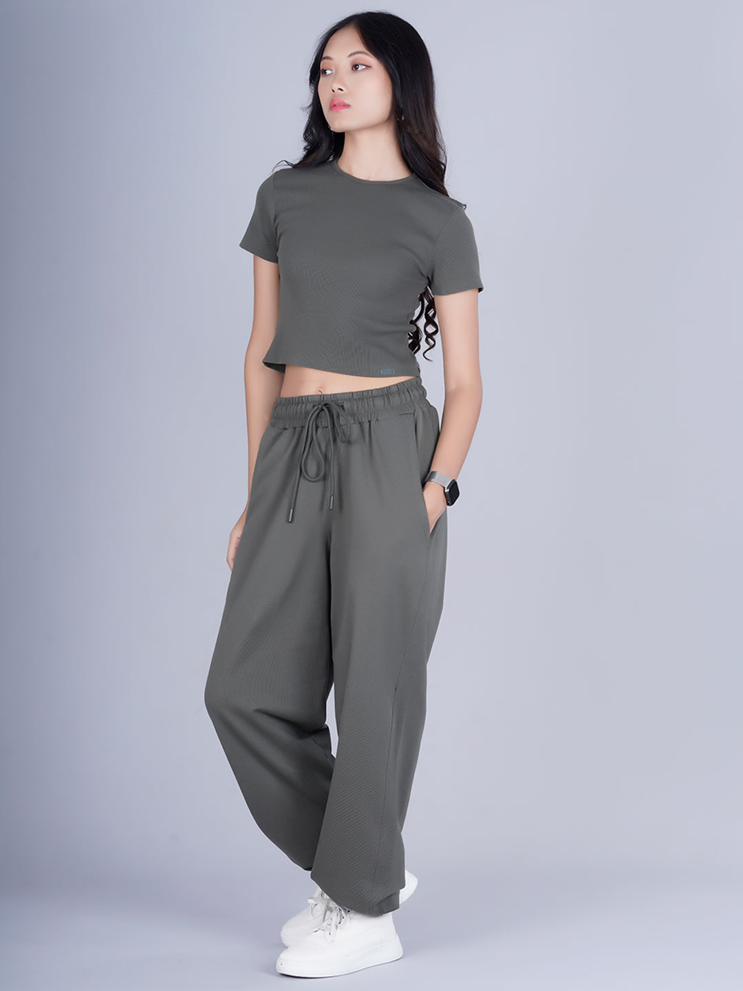 Pronk Ribbed Half Sleeve Crop Top - Olive Green