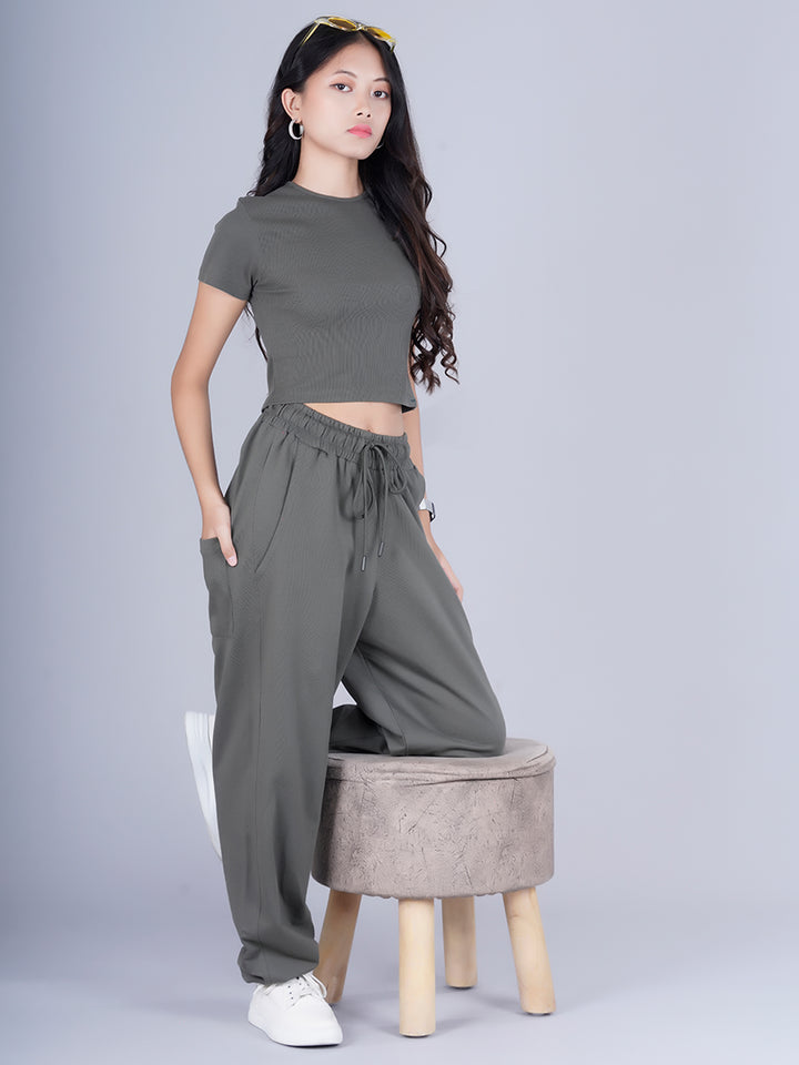 Pronk Ribbed Half Sleeve Crop Top - Olive Green