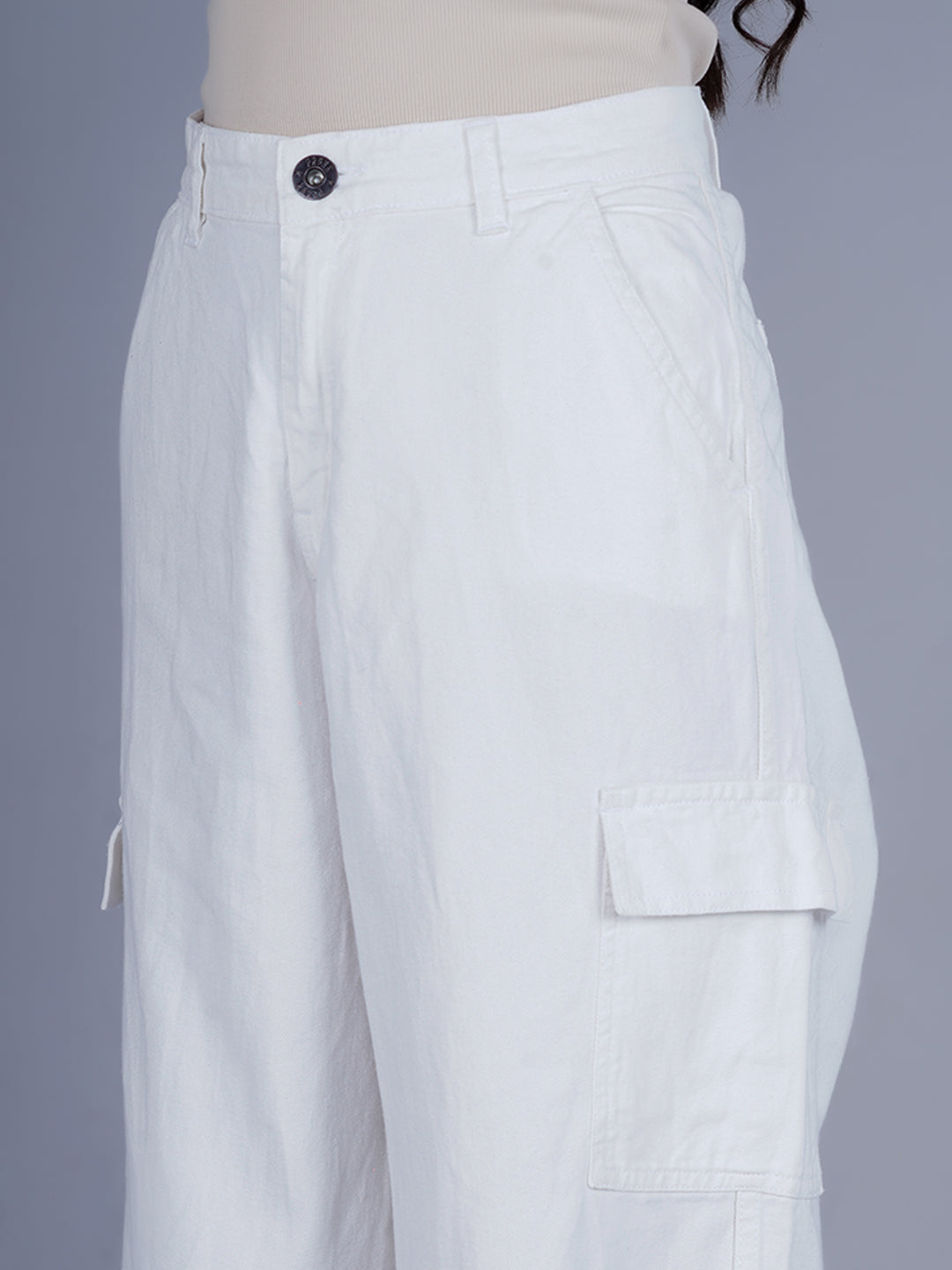 Women Straight Fit Denim Cargo - White