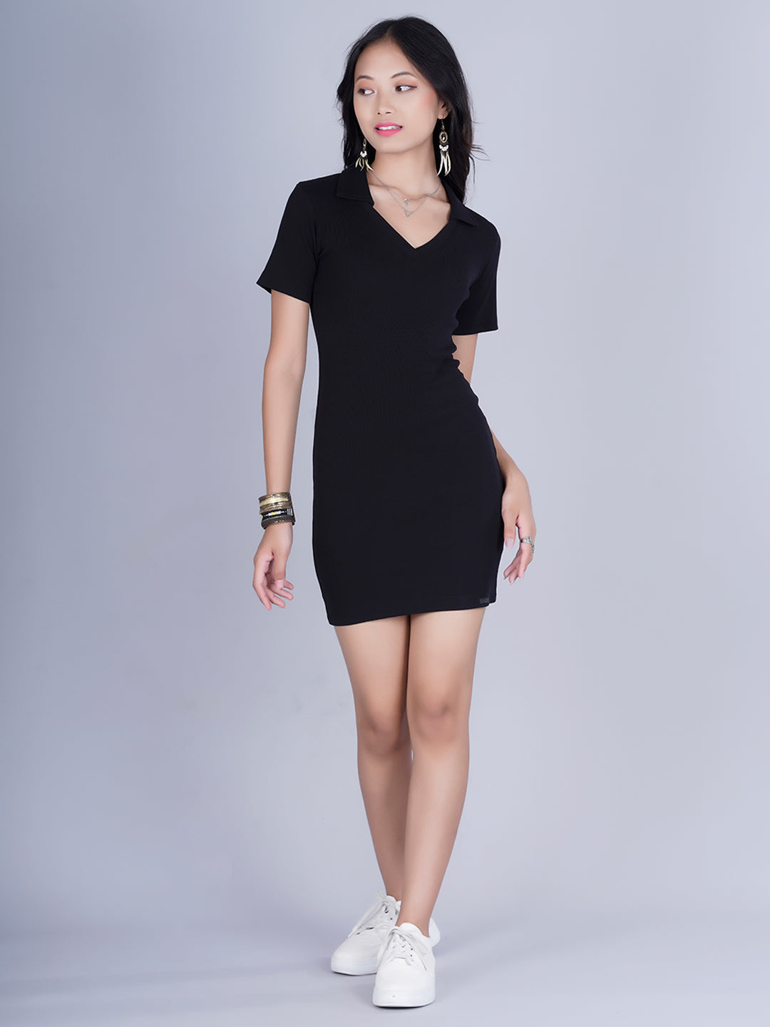 Pronk Ribbed Half Sleeve Collared Bodycon - Black