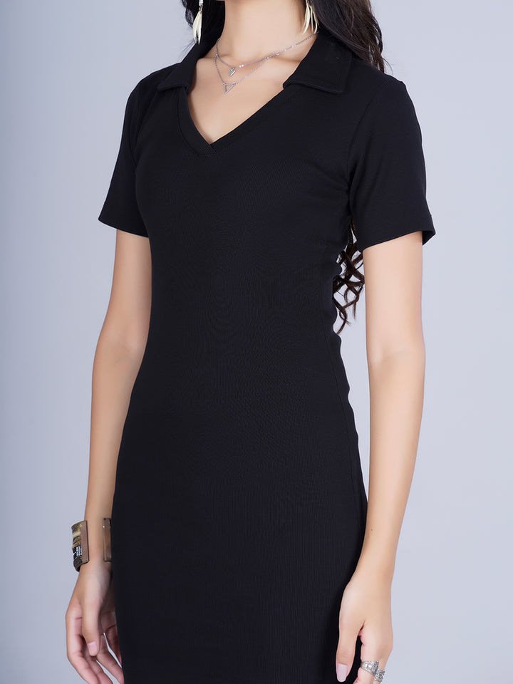 Pronk Ribbed Half Sleeve Collared Bodycon - Black