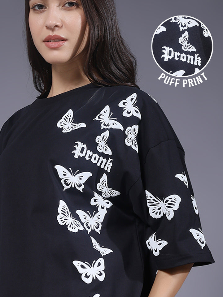 Butterfly Puff Printed Women Oversized T-shirt