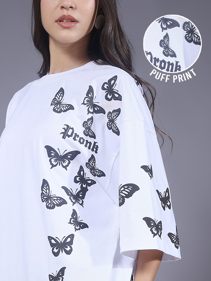 Butterfly Puff Printed Women Oversized T-shirt