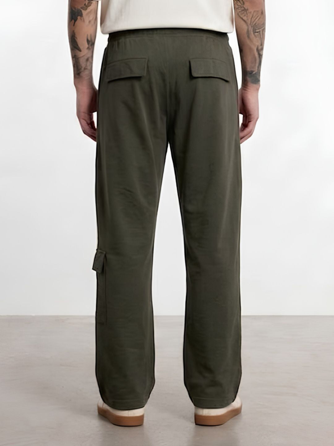 Men Premium Terry Cargo Pants with Side Stripes - Olive Green
