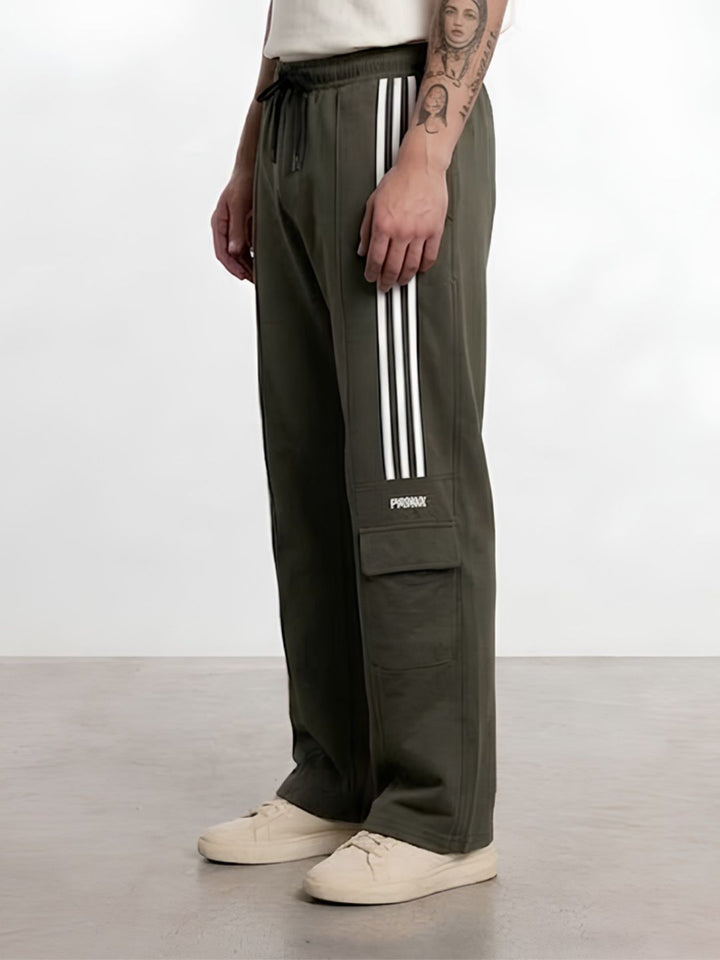 Men Premium Terry Cargo Pants with Side Stripes - Olive Green