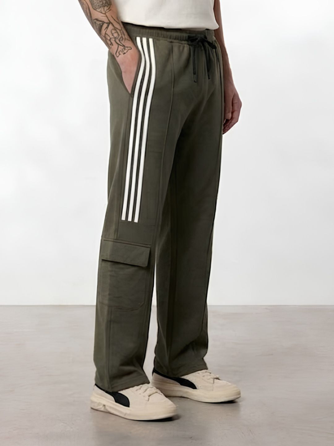 Men Premium Terry Cargo Pants with Side Stripes - Olive Green