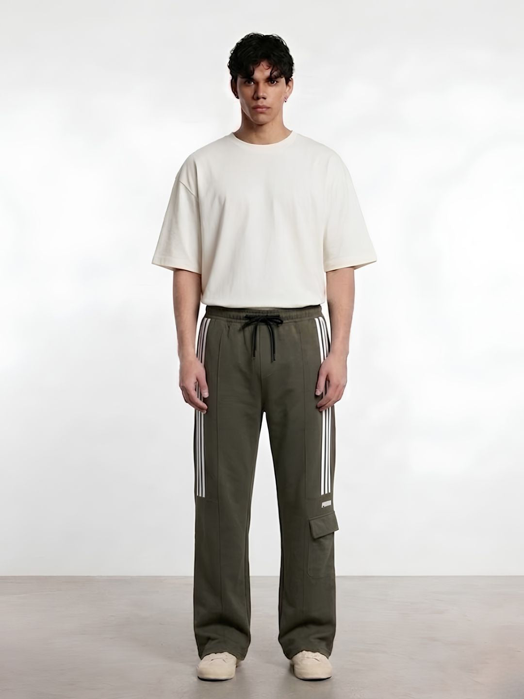 Men Premium Terry Cargo Pants with Side Stripes - Olive Green