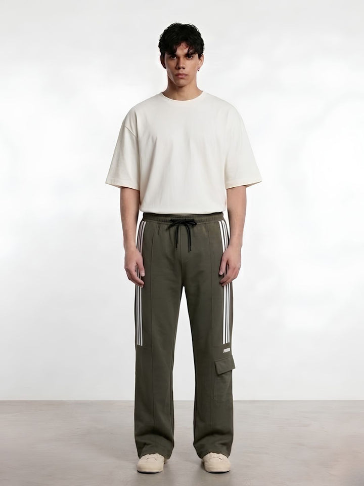 Men Premium Terry Cargo Pants with Side Stripes - Olive Green