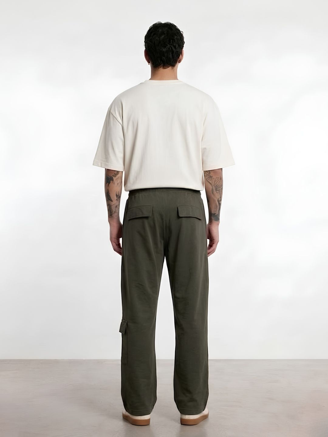 Men Premium Terry Cargo Pants with Side Stripes - Olive Green