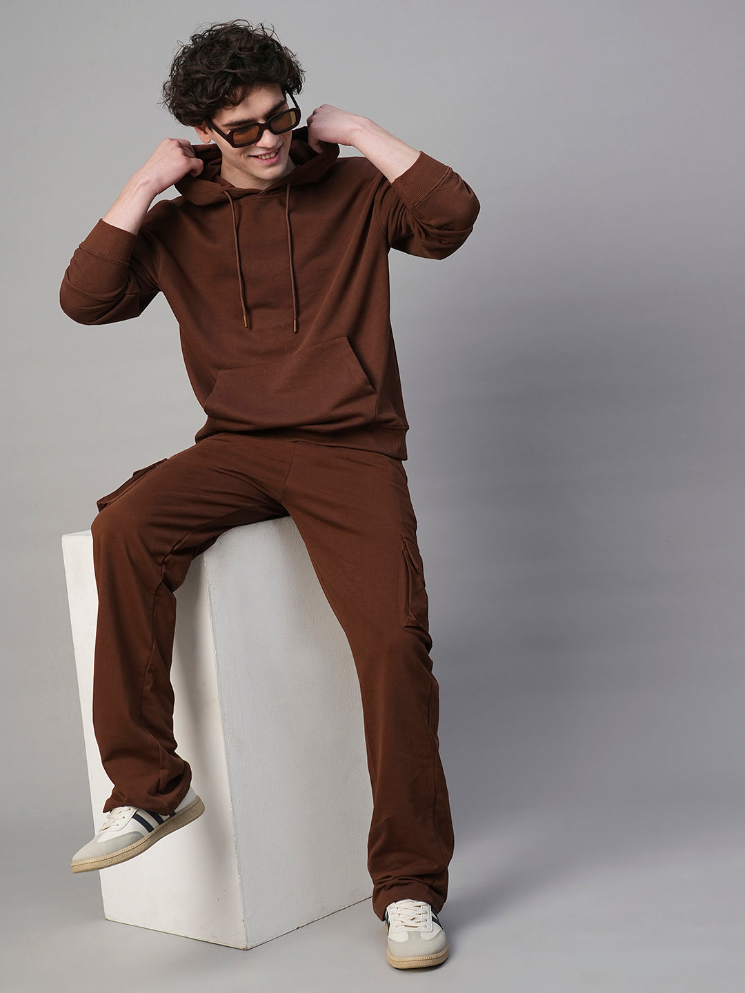 Solid Men Drop Shoulder Premium Terry Hoodie - Cocoa