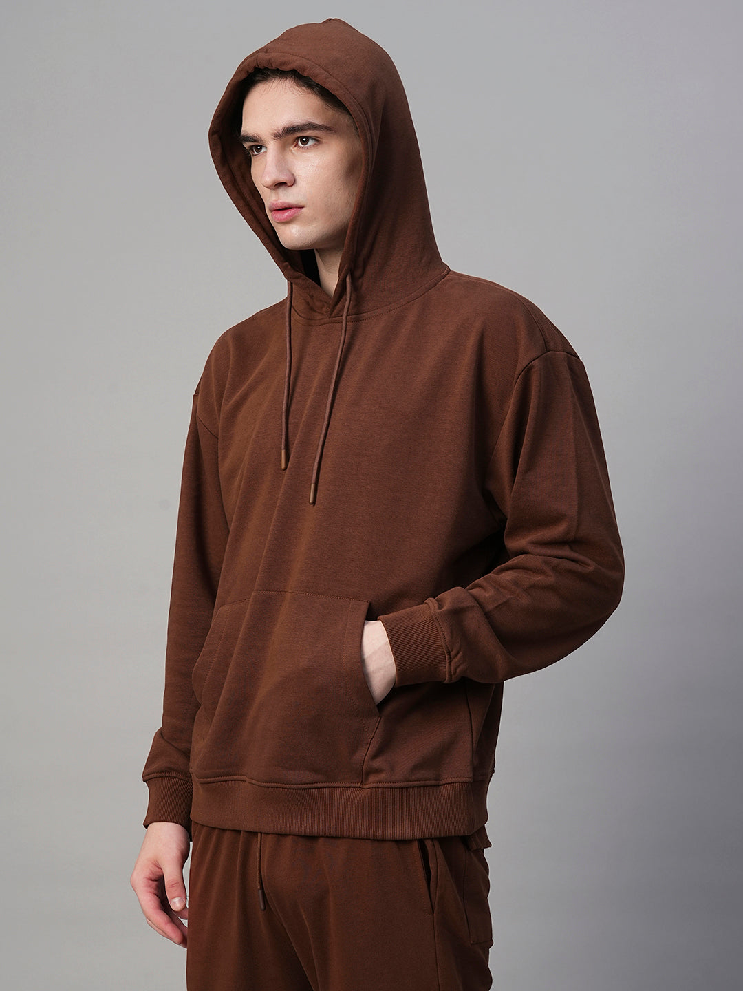 Solid Men Drop Shoulder Premium Terry Hoodie - Cocoa