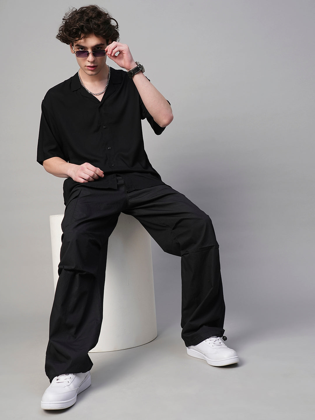 Solid Mens Fluidic Oversized Shirt - Black