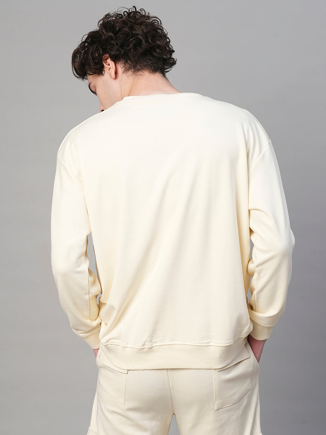 Solid Off White Men Drop Shoulder Premium Terry Sweatshirt