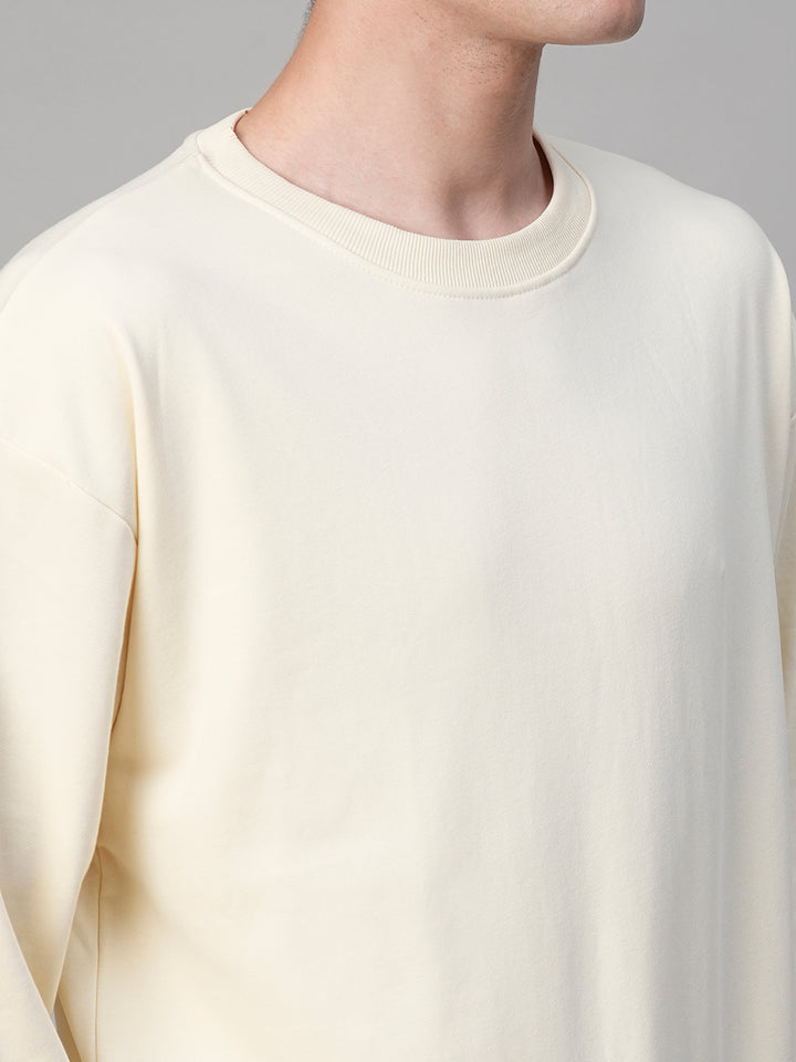 Solid Off White Men Drop Shoulder Premium Terry Sweatshirt