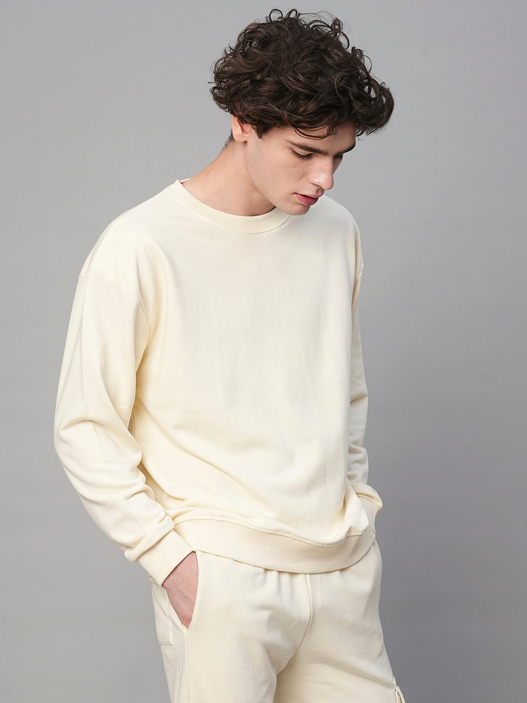 Solid Off White Men Drop Shoulder Premium Terry Sweatshirt