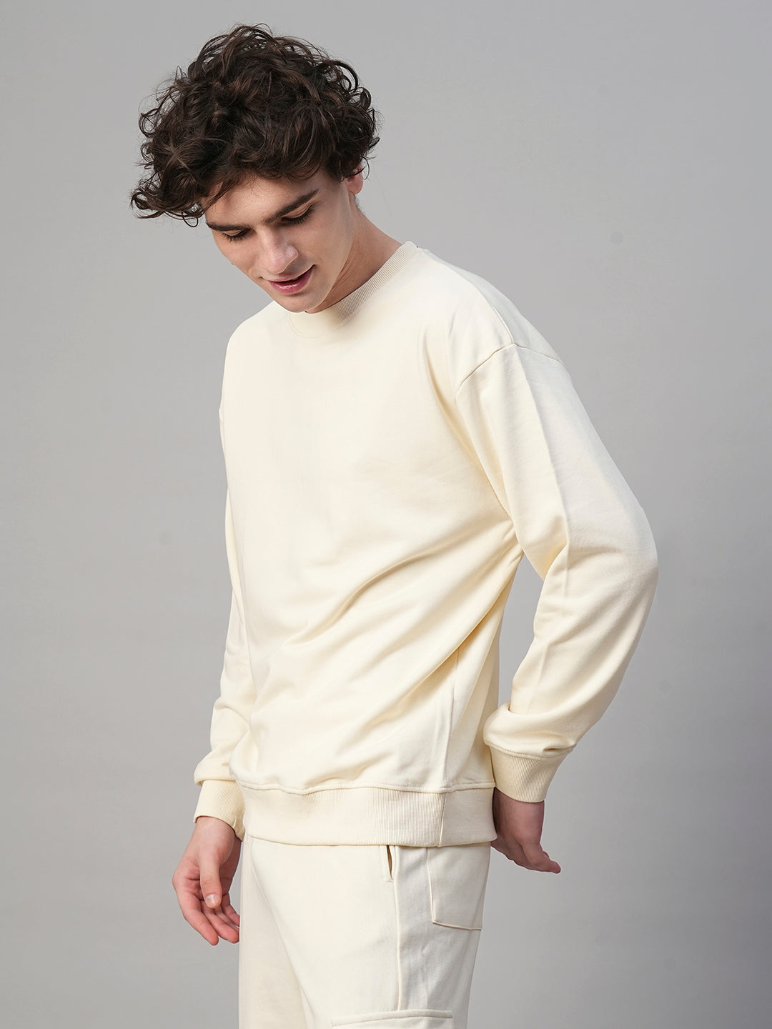 Solid Off White Men Drop Shoulder Premium Terry Sweatshirt