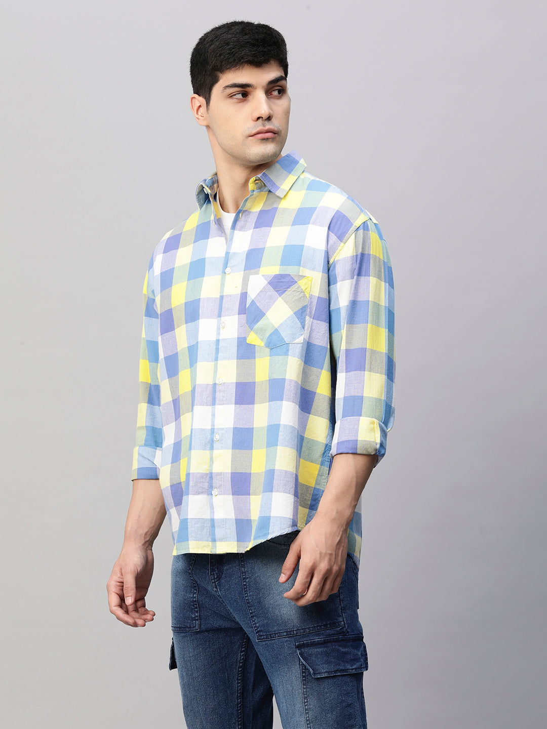 Mens Bright Block Plaid Relaxed Fit Shirt