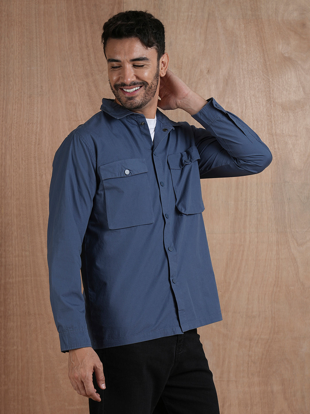 Solid Mens Shacket - Blue