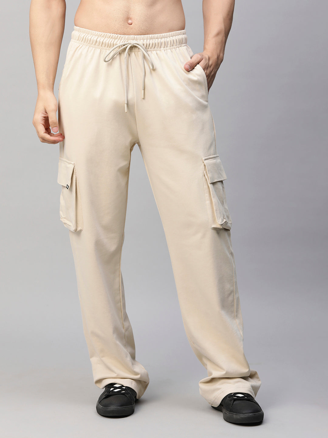 Men Premium Terry Cargo Pants - Beige