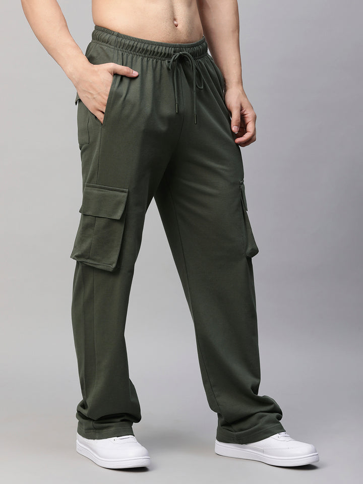 Men Premium Terry Cargo Pants - Olive Green