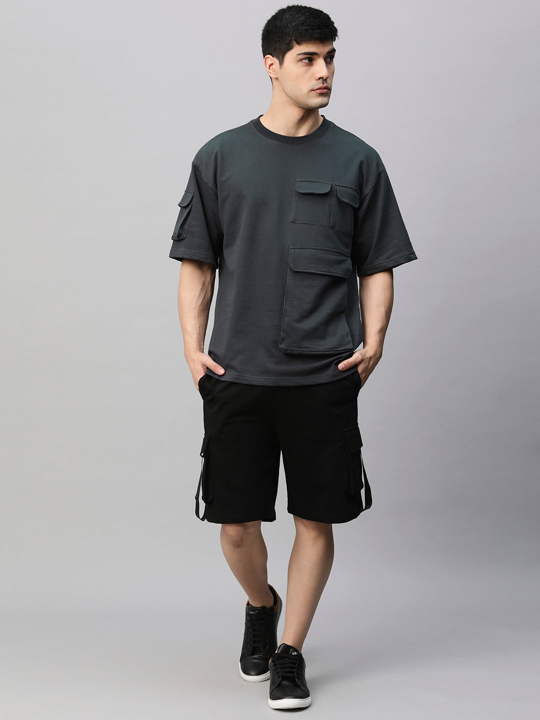 Men Premium Cargo Co-ord Set - Dark Grey & Black